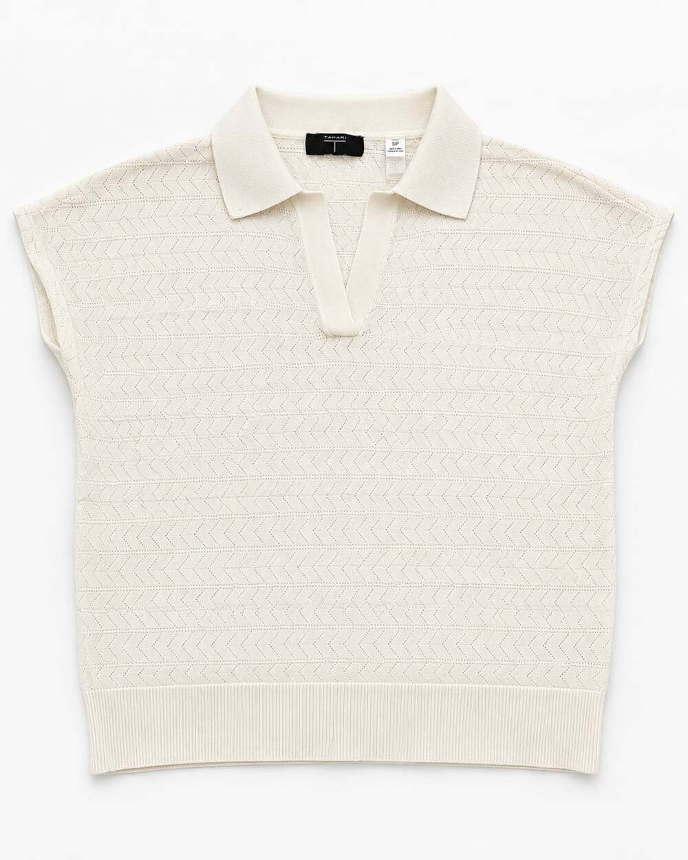 Tahari Open Knit Short Sleeve Polo Size S Cream Chevron Textured